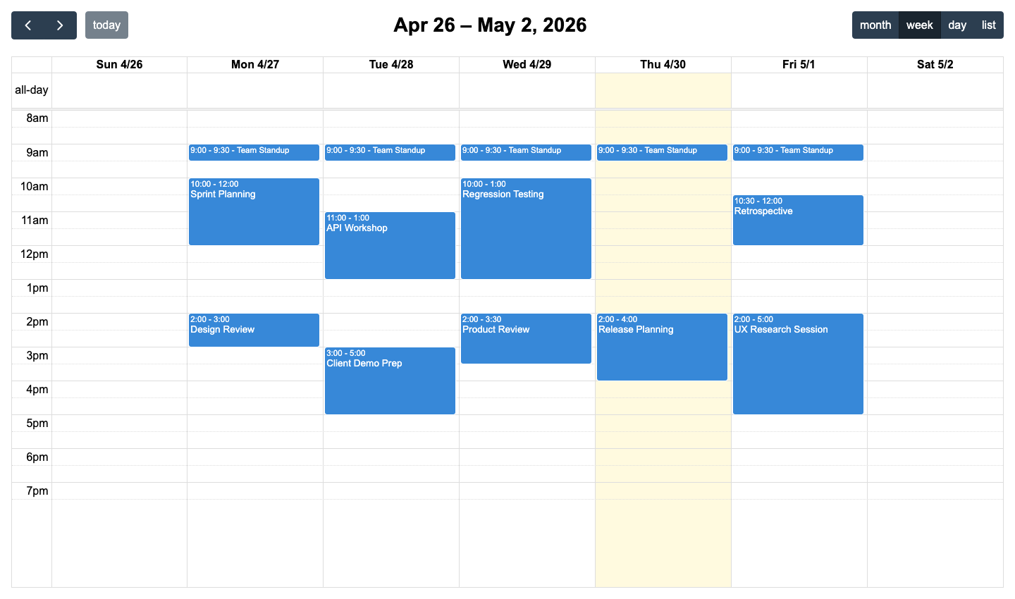 FullCalendar rendering a team week view with color-coded events across April 27 to May 1, 2026